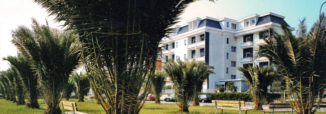 Esterno di un edificio con palme e panchine.