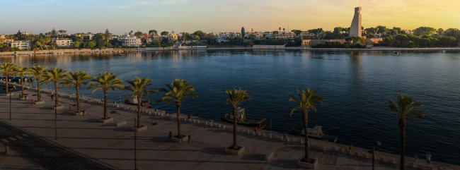 Lungomare con palme lungo un fiume.