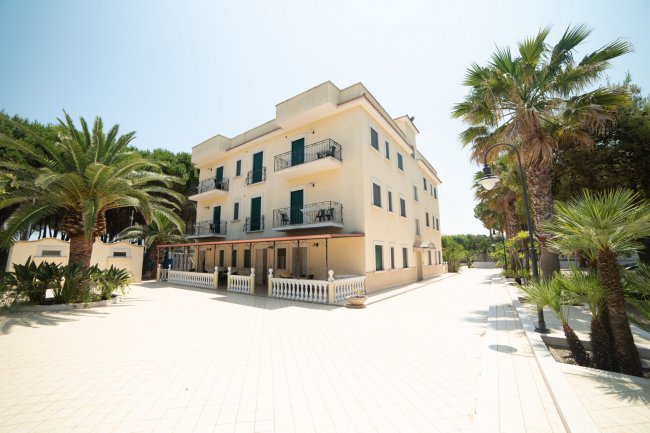 Edificio a tre piani con palme attorno.