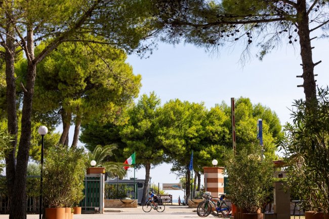 Entrata del campeggio con bandiere e biciclette.