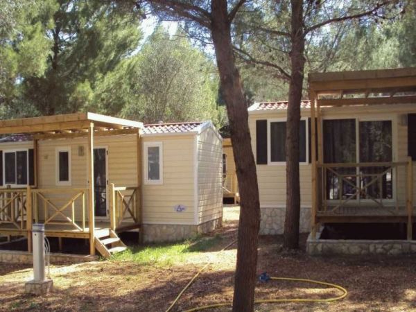 Case mobili con terrazza tra pini.