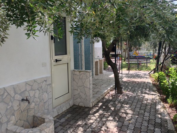 Vialetto in pietra con porta bianca e alberi.