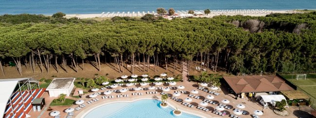 Piscina circondata da alberi e spiaggia.