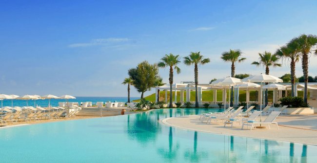 Piscina all'aperto con vista mare e palme.