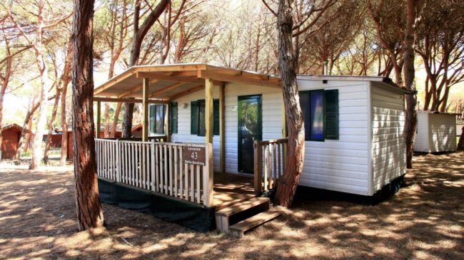 Bungalow bianco con veranda tra gli alberi.