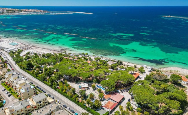 Vista aerea di una spiaggia con acqua blu e verde.