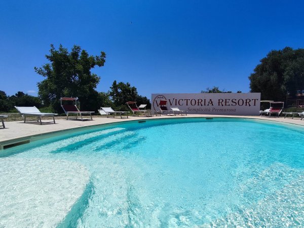 Piscina all'aperto con sdraio e cartello del resort.