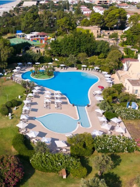 Vista dall'alto di una grande piscina a forma di fagiolo.
