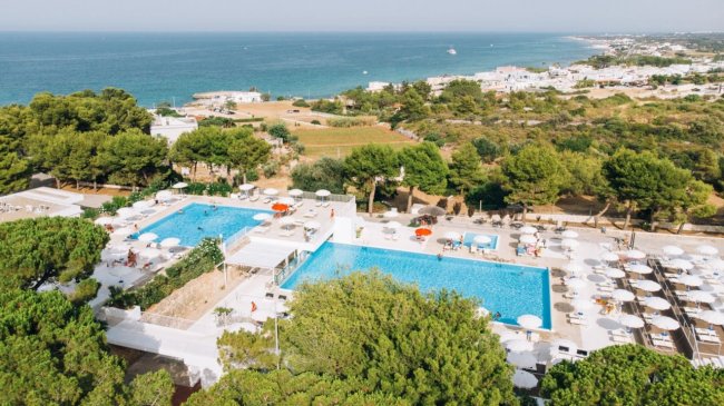 Vista aerea di piscine e mare, circondati da vegetazione.