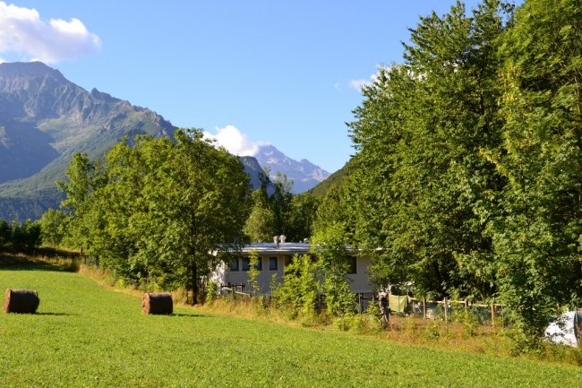 Prato verde con balle di fieno e alberi, montagne sullo sfondo.