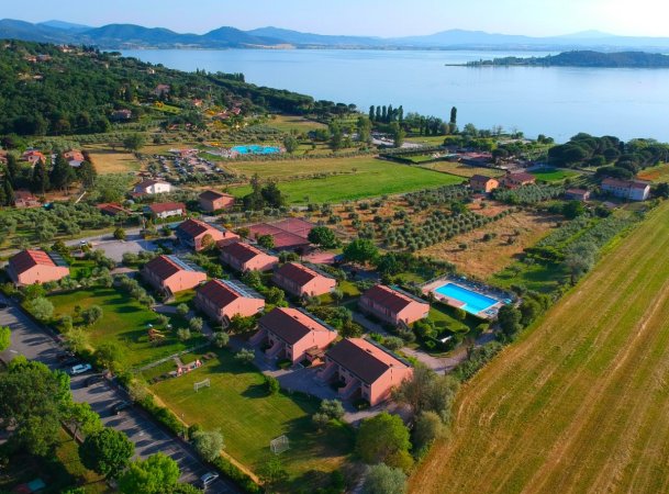 Vista aerea di case, piscina e campagna vicino a un lago.