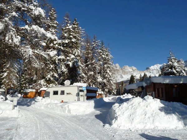 Neve abbondante intorno a case mobili e alberi con cielo sereno.