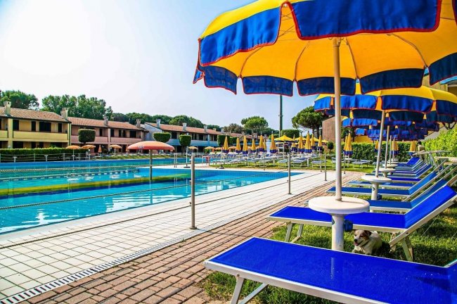 Lettini blu e ombrelloni gialli accanto a una piscina.