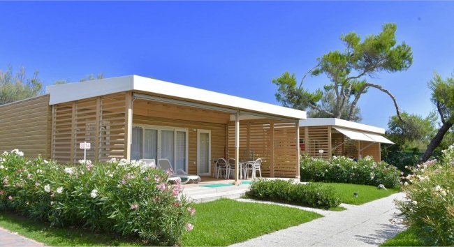 Case vacanze in legno con giardini fioriti.