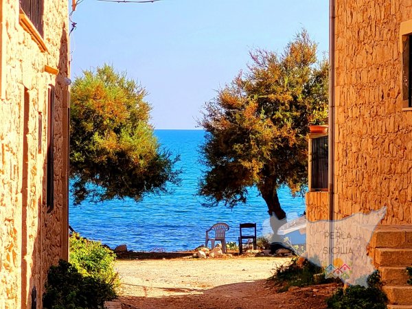 Vicolo con vista mare e alberi verdi.